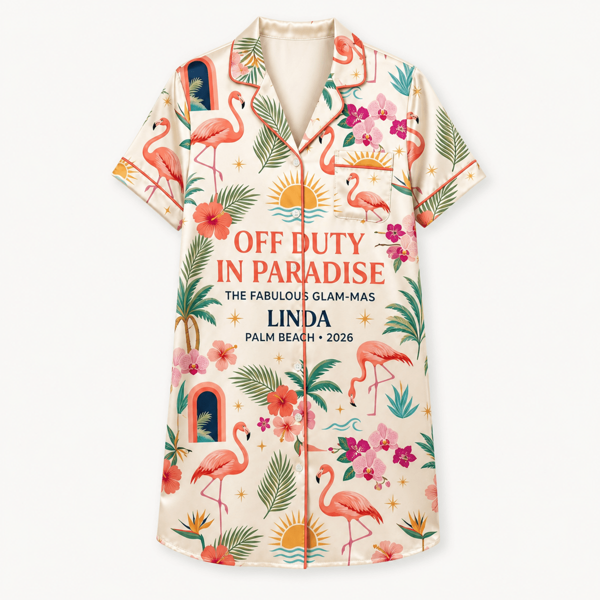 Personalized Off Duty in Paradise Satin Pajama Shirt Dress | Flamingo Vacation Sleep Shirt | Palm Beach Resort Sleepwear - FlamingoAholic
