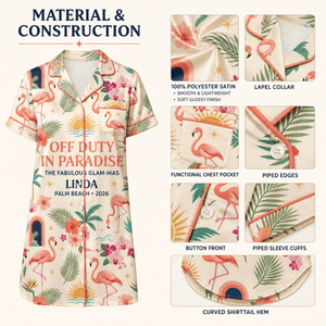 Personalized Off Duty in Paradise Satin Pajama Shirt Dress | Flamingo Vacation Sleep Shirt | Palm Beach Resort Sleepwear - FlamingoAholic