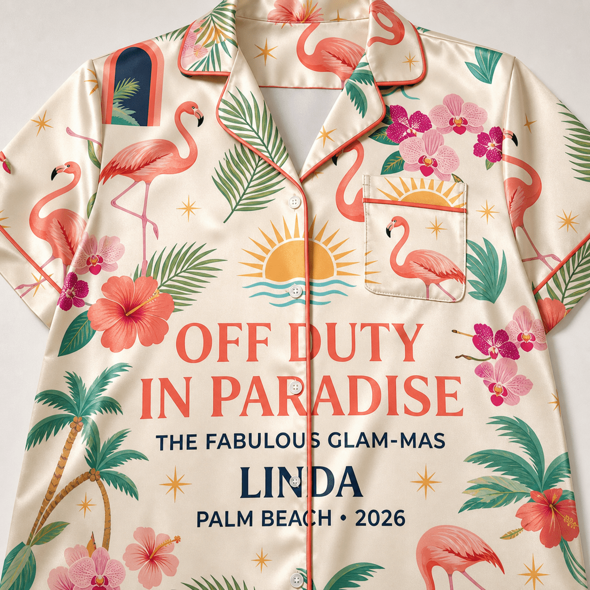 Personalized Off Duty in Paradise Satin Pajama Shirt Dress | Flamingo Vacation Sleep Shirt | Palm Beach Resort Sleepwear - FlamingoAholic