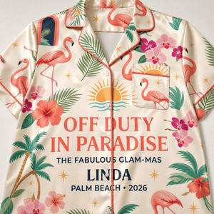Personalized Off Duty in Paradise Satin Pajama Shirt Dress | Flamingo Vacation Sleep Shirt | Palm Beach Resort Sleepwear - FlamingoAholic
