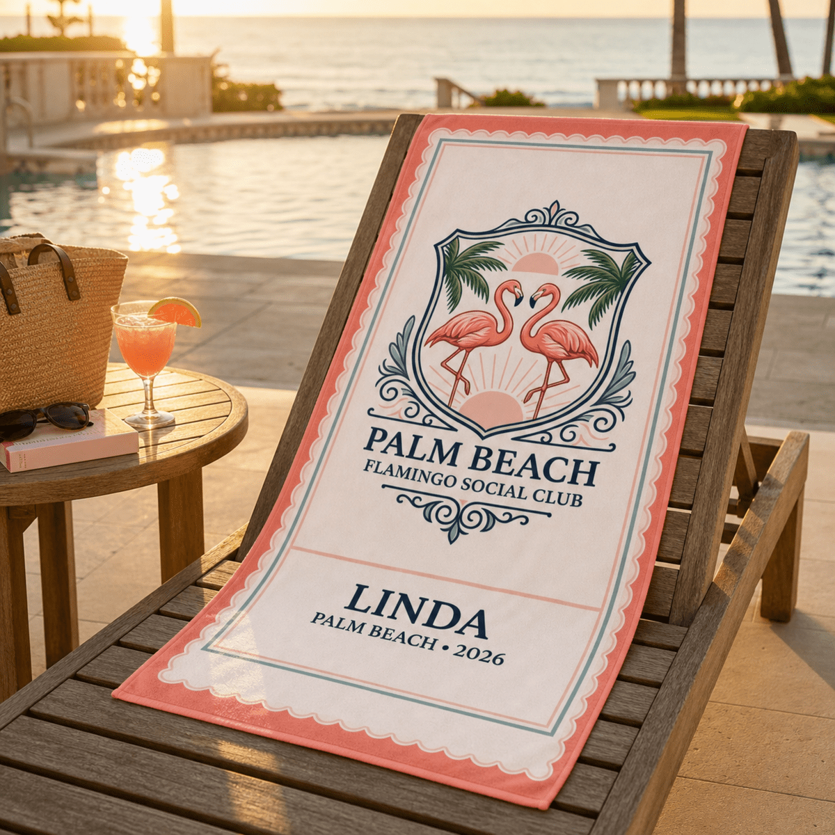 Personalized Palm Beach Flamingo Beach Towel | Custom Pool Towel | Florida Vacation Gift - FlamingoAholic