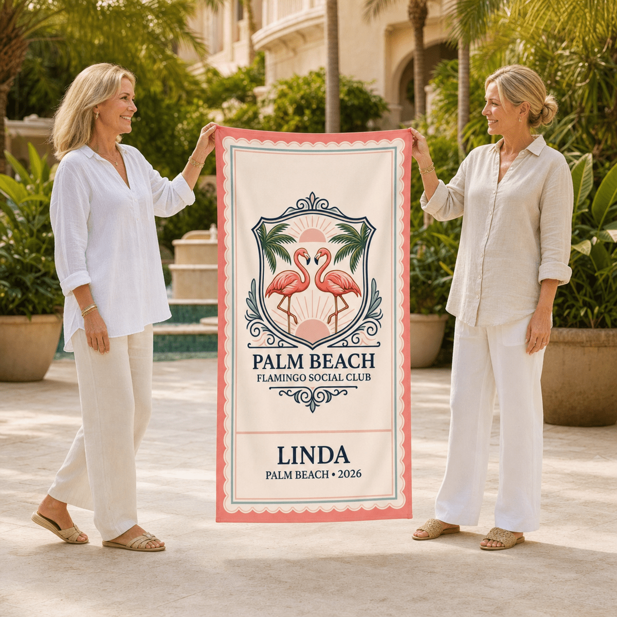 Personalized Palm Beach Flamingo Beach Towel | Custom Pool Towel | Florida Vacation Gift - FlamingoAholic