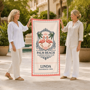 Personalized Palm Beach Flamingo Beach Towel | Custom Pool Towel | Florida Vacation Gift - FlamingoAholic