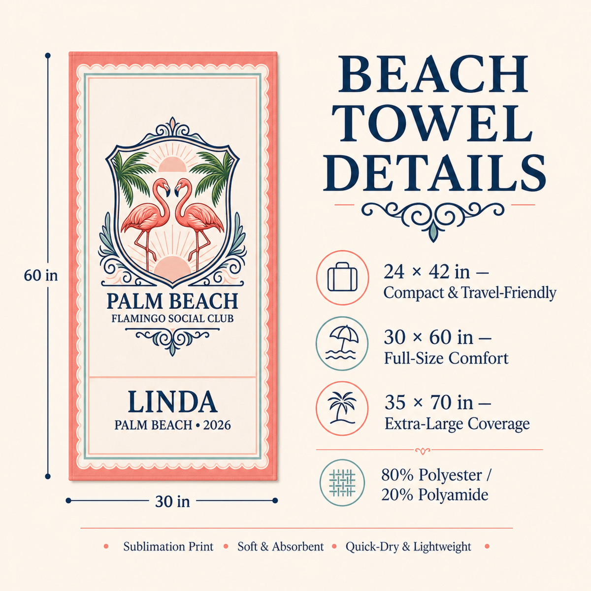 Personalized Palm Beach Flamingo Beach Towel | Custom Pool Towel | Florida Vacation Gift - FlamingoAholic