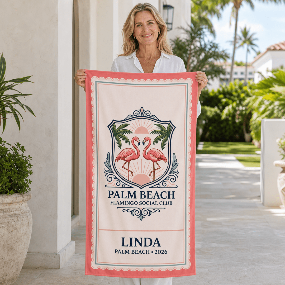Personalized Palm Beach Flamingo Beach Towel | Custom Pool Towel | Florida Vacation Gift - FlamingoAholic