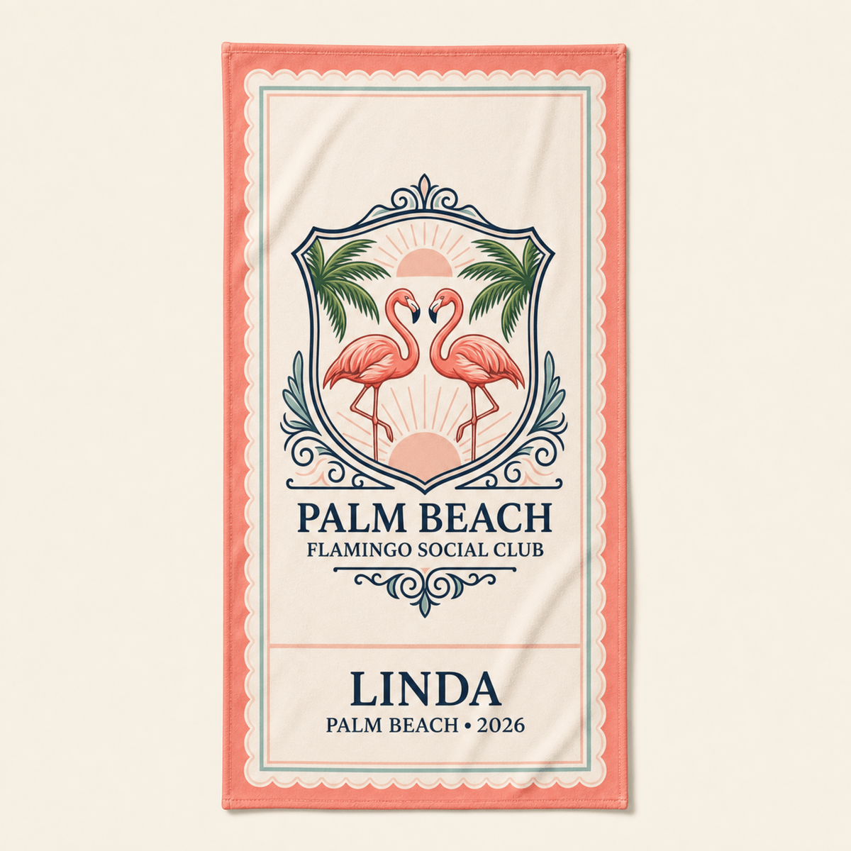 Personalized Palm Beach Flamingo Beach Towel | Custom Pool Towel | Florida Vacation Gift - FlamingoAholic
