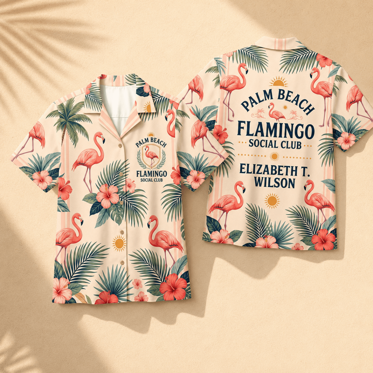 Personalized Palm Beach Flamingo Hawaiian Shirt for Women | Custom Coastal Resort Shirt | Flamingo Social Club Gift - FlamingoAholic
