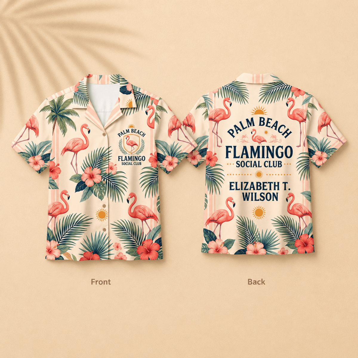 Personalized Palm Beach Flamingo Hawaiian Shirt for Women | Custom Coastal Resort Shirt | Flamingo Social Club Gift - FlamingoAholic