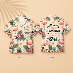 Personalized Palm Beach Flamingo Hawaiian Shirt for Women | Custom Coastal Resort Shirt | Flamingo Social Club Gift - FlamingoAholic