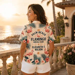 Personalized Palm Beach Flamingo Hawaiian Shirt for Women | Custom Coastal Resort Shirt | Flamingo Social Club Gift - FlamingoAholic