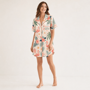 Personalized Palm Beach Flamingo Satin Pajama Shirt Dress | Custom Women's Luxury Sleep Shirt | Coastal Sleepwear Gift - FlamingoAholic