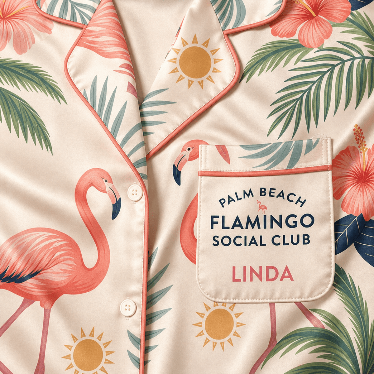 Personalized Palm Beach Flamingo Satin Pajama Shirt Dress | Custom Women's Luxury Sleep Shirt | Coastal Sleepwear Gift - FlamingoAholic
