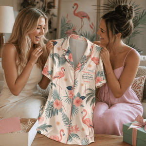 Personalized Palm Beach Flamingo Satin Pajama Shirt Dress | Custom Women's Luxury Sleep Shirt | Coastal Sleepwear Gift - FlamingoAholic