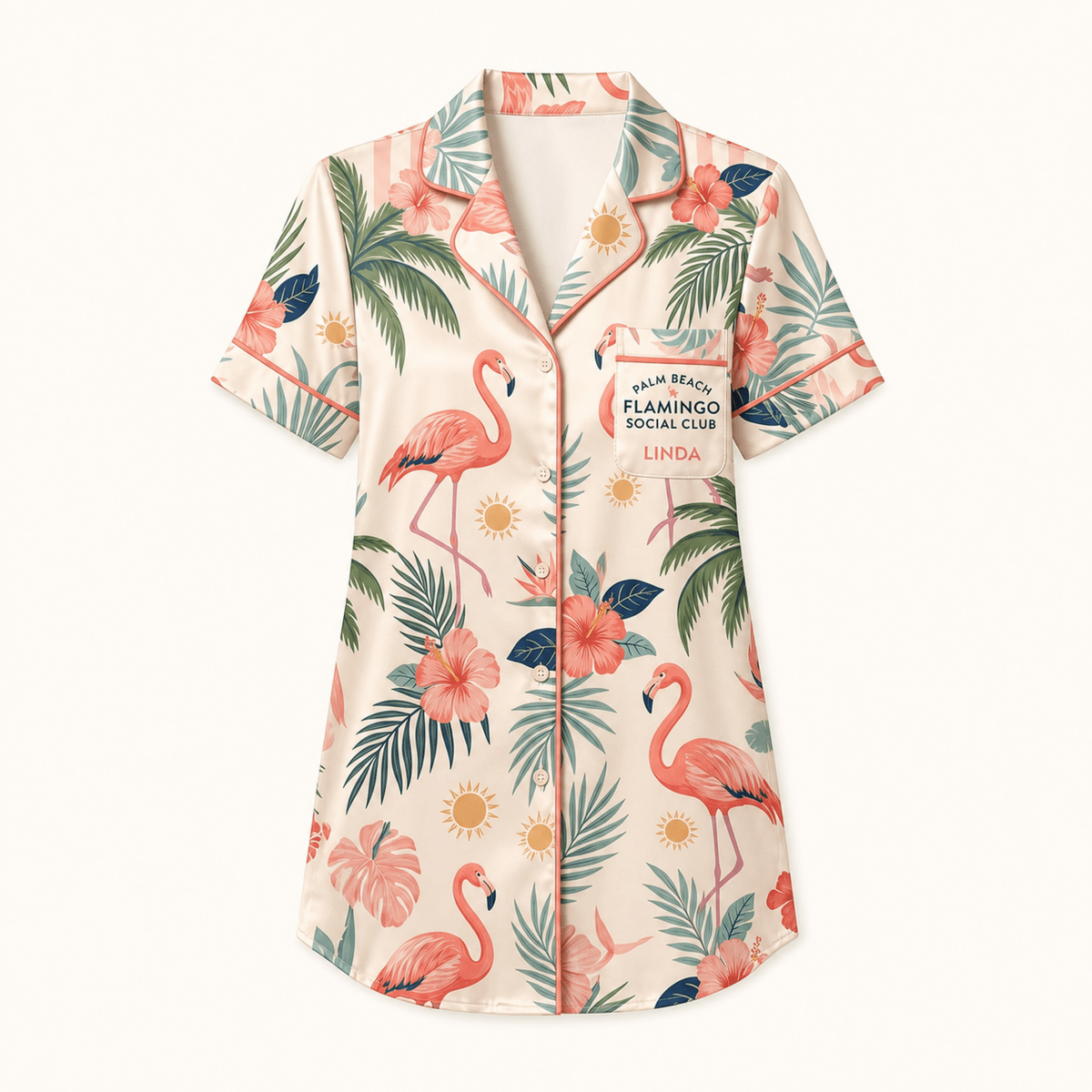 Personalized Palm Beach Flamingo Satin Pajama Shirt Dress | Custom Women's Luxury Sleep Shirt | Coastal Sleepwear Gift - FlamingoAholic