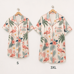 Personalized Palm Beach Flamingo Satin Pajama Shirt Dress | Custom Women's Luxury Sleep Shirt | Coastal Sleepwear Gift - FlamingoAholic