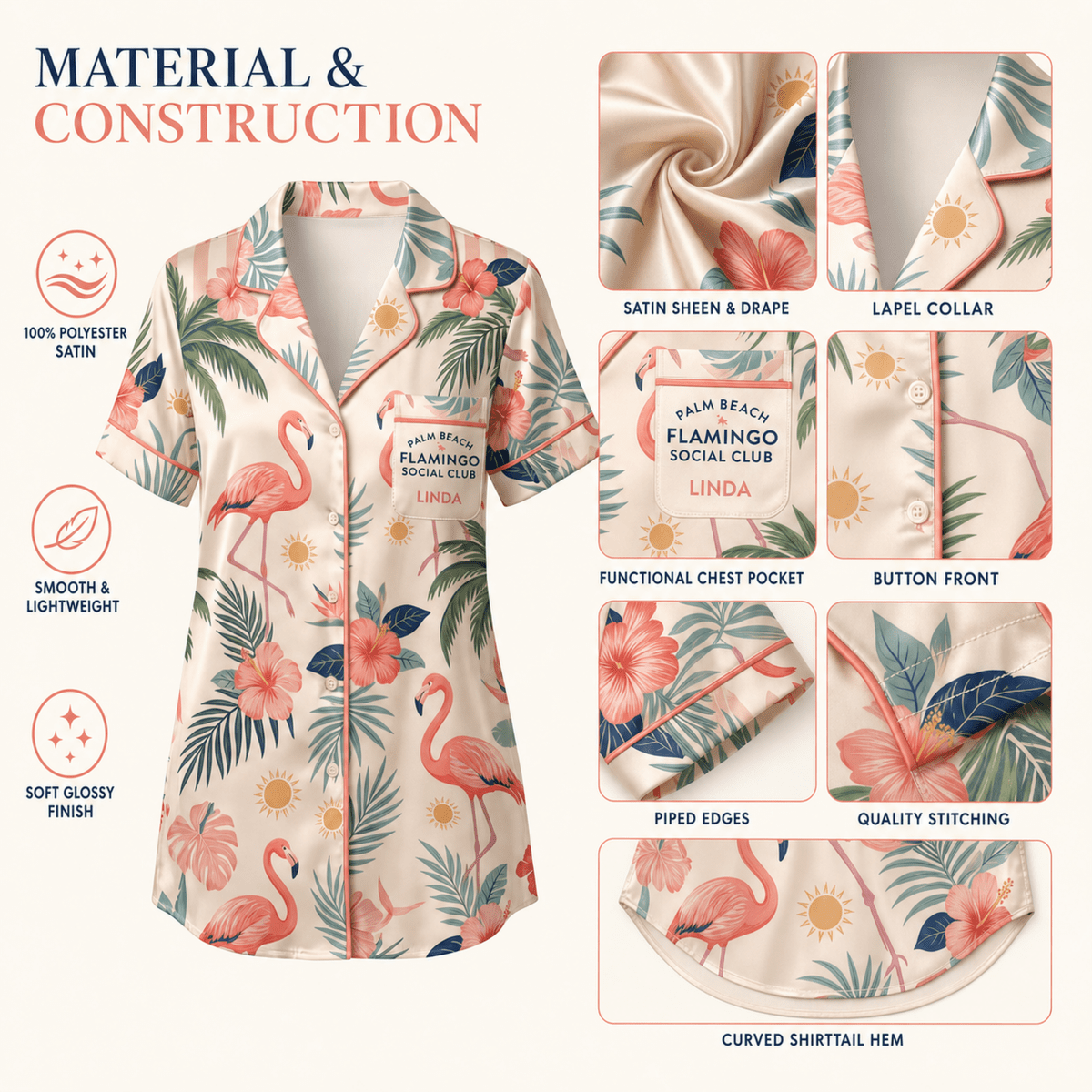 Personalized Palm Beach Flamingo Satin Pajama Shirt Dress | Custom Women's Luxury Sleep Shirt | Coastal Sleepwear Gift - FlamingoAholic
