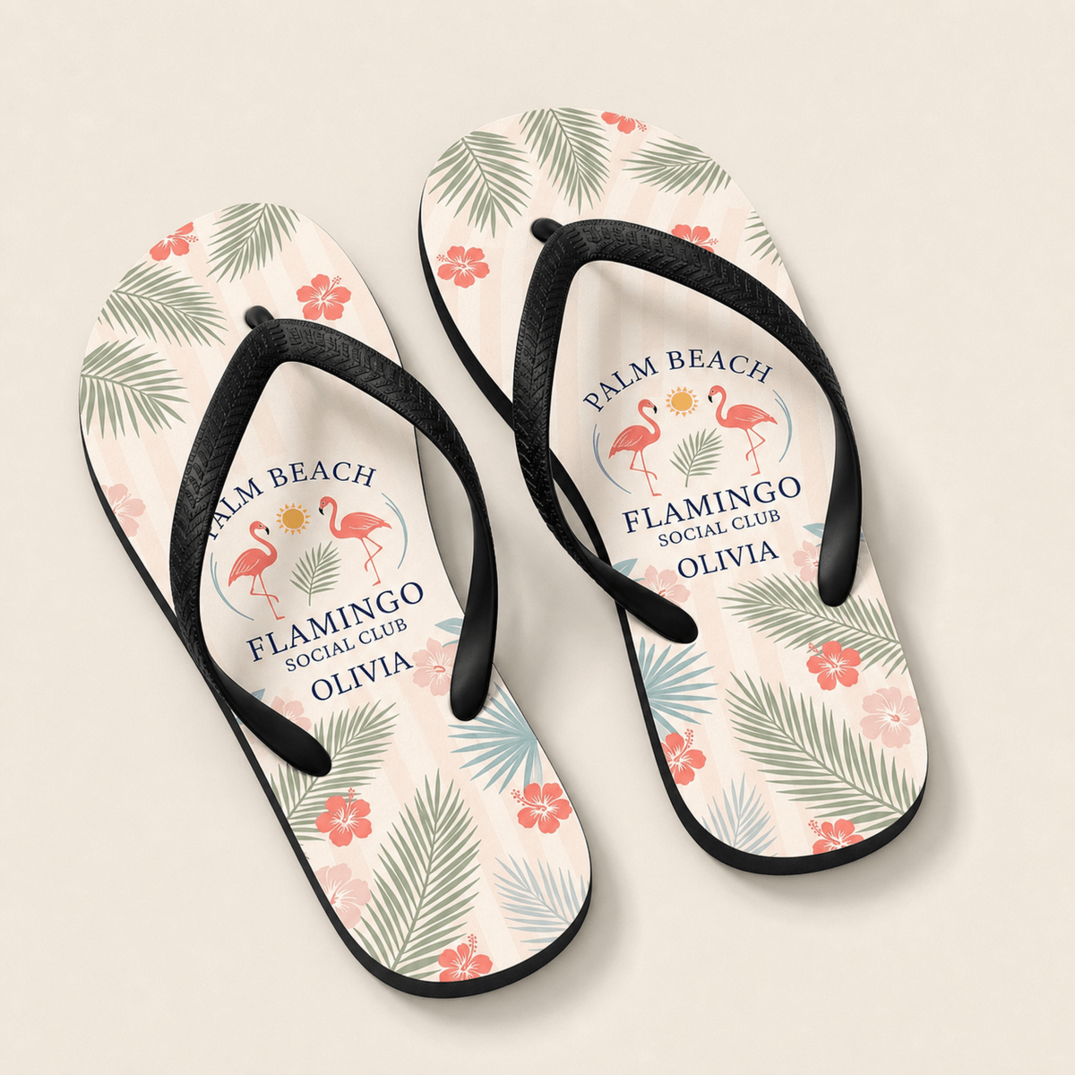 Personalized Palm Beach Flamingo Social Club Flip Flops | Custom Coastal Beach Sandals for Women | Resort Vacation Slides - FlamingoAholic