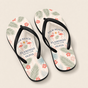 Personalized Palm Beach Flamingo Social Club Flip Flops | Custom Coastal Beach Sandals for Women | Resort Vacation Slides - FlamingoAholic