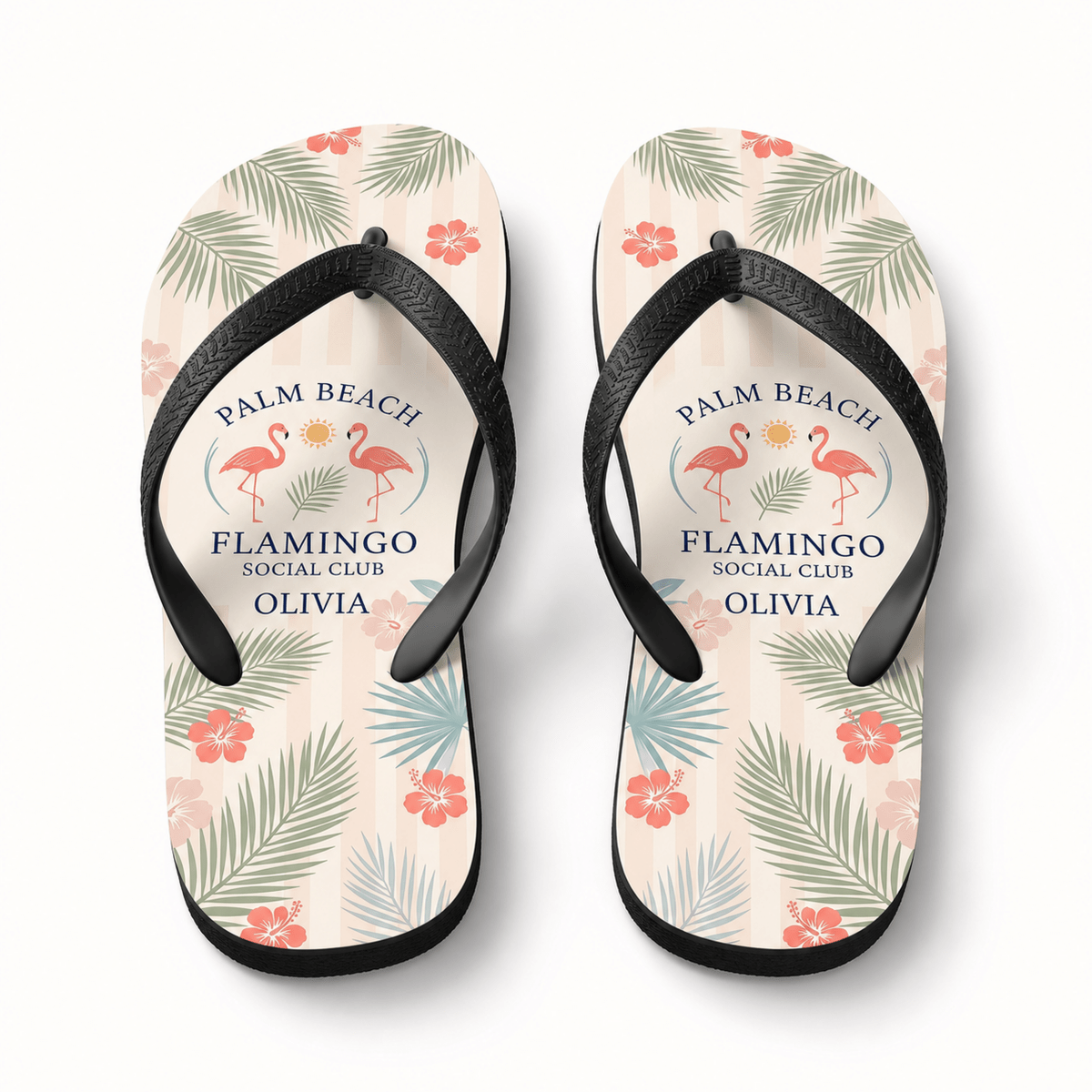 Personalized Palm Beach Flamingo Social Club Flip Flops | Custom Coastal Beach Sandals for Women | Resort Vacation Slides - FlamingoAholic