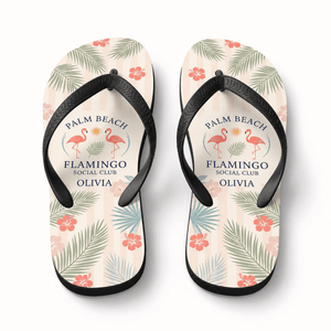Personalized Palm Beach Flamingo Social Club Flip Flops | Custom Coastal Beach Sandals for Women | Resort Vacation Slides - FlamingoAholic