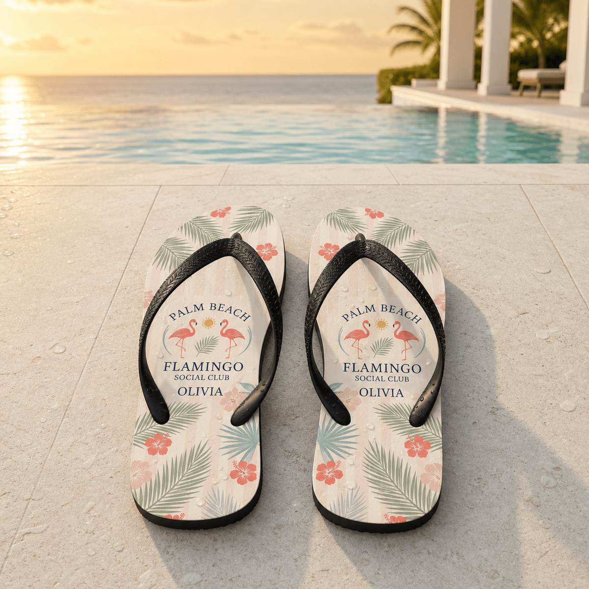 Personalized Palm Beach Flamingo Social Club Flip Flops | Custom Coastal Beach Sandals for Women | Resort Vacation Slides - FlamingoAholic