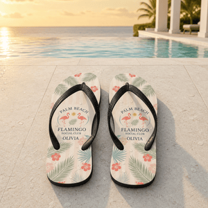 Personalized Palm Beach Flamingo Social Club Flip Flops | Custom Coastal Beach Sandals for Women | Resort Vacation Slides - FlamingoAholic
