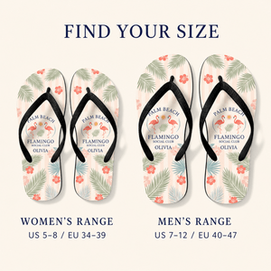 Personalized Palm Beach Flamingo Social Club Flip Flops | Custom Coastal Beach Sandals for Women | Resort Vacation Slides - FlamingoAholic
