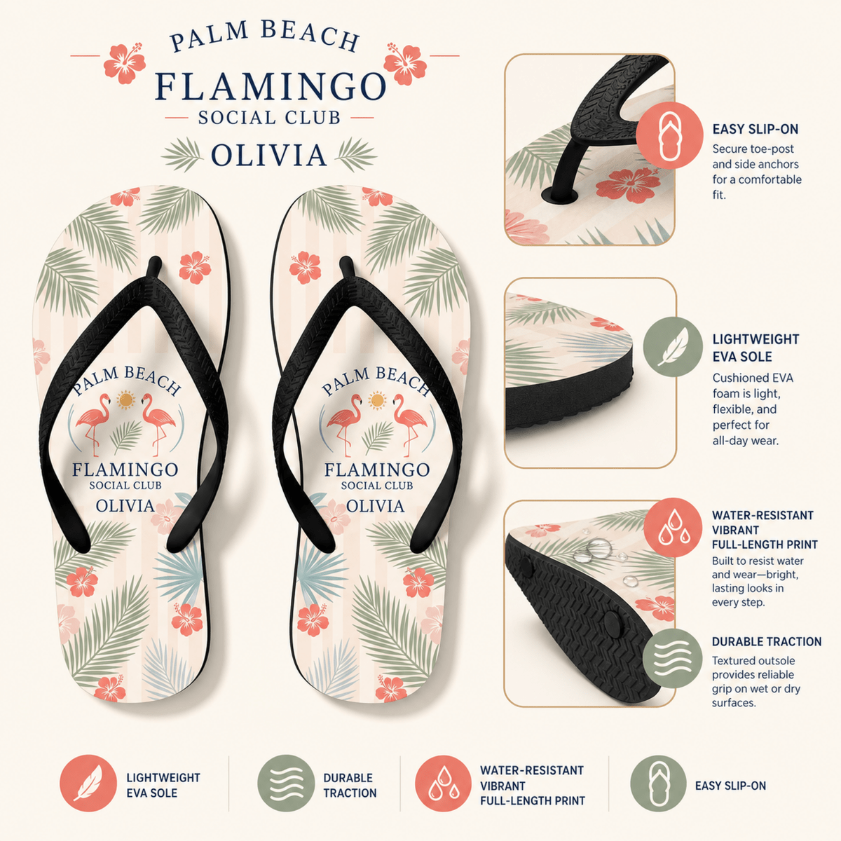 Personalized Palm Beach Flamingo Social Club Flip Flops | Custom Coastal Beach Sandals for Women | Resort Vacation Slides - FlamingoAholic