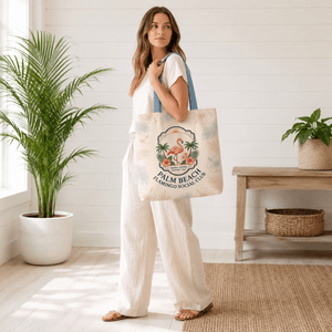 Personalized Palm Beach Flamingo Tote Bag | Custom Beach Bag | Tropical Canvas Tote - FlamingoAholic