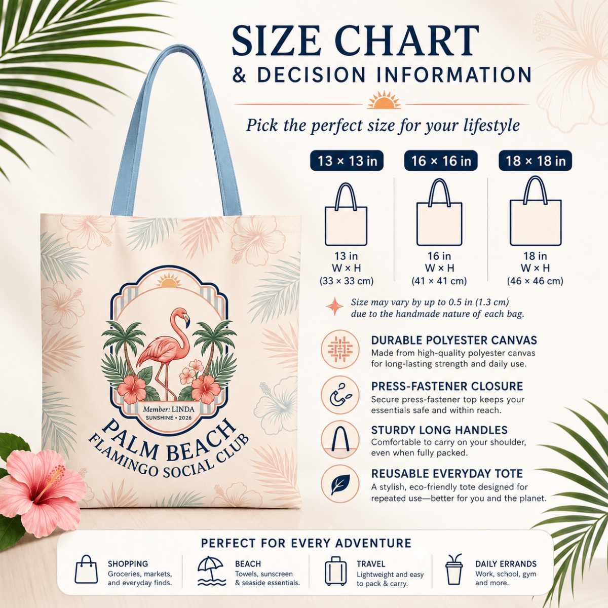 Personalized Palm Beach Flamingo Tote Bag | Custom Beach Bag | Tropical Canvas Tote - FlamingoAholic