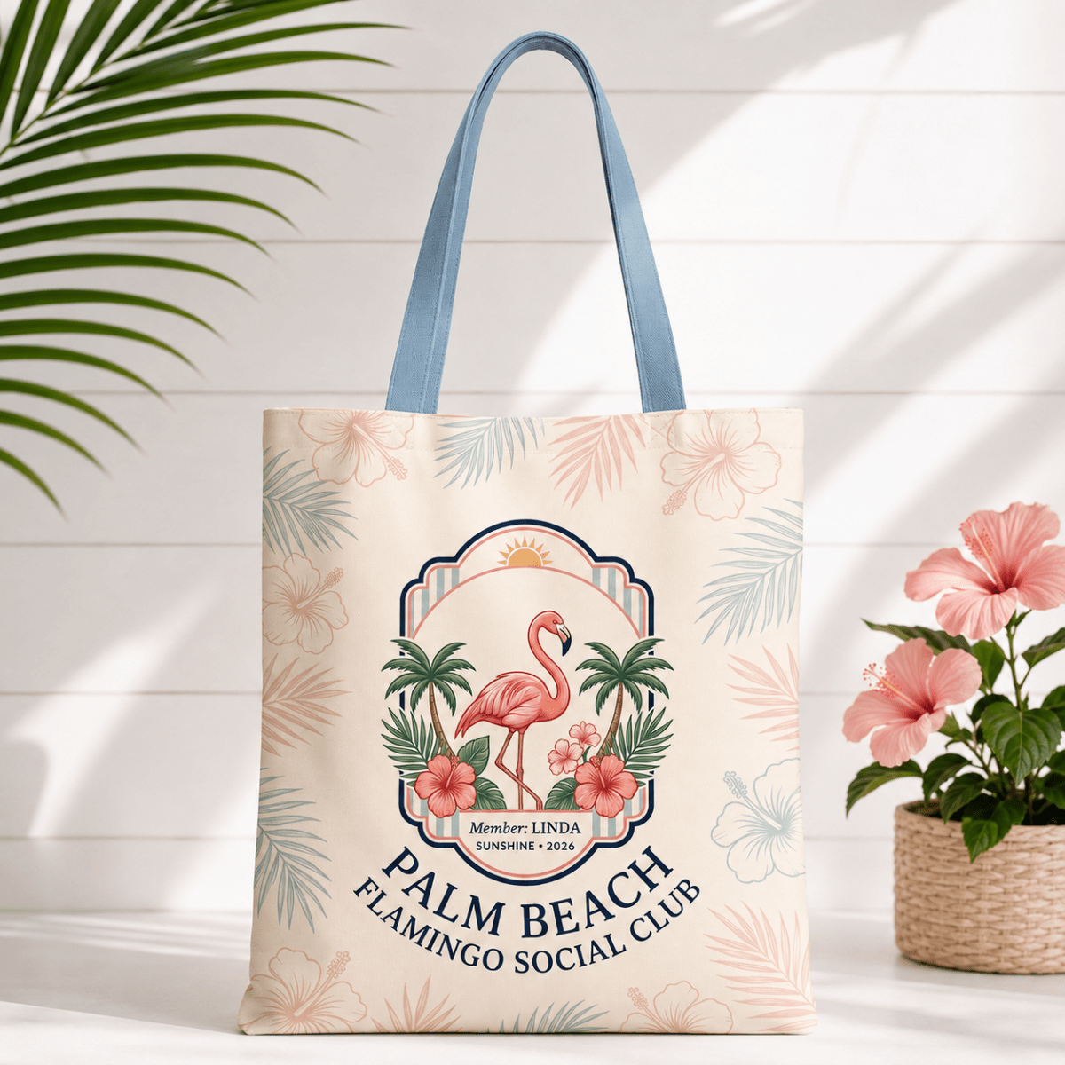 Personalized Palm Beach Flamingo Tote Bag | Custom Beach Bag | Tropical Canvas Tote - FlamingoAholic