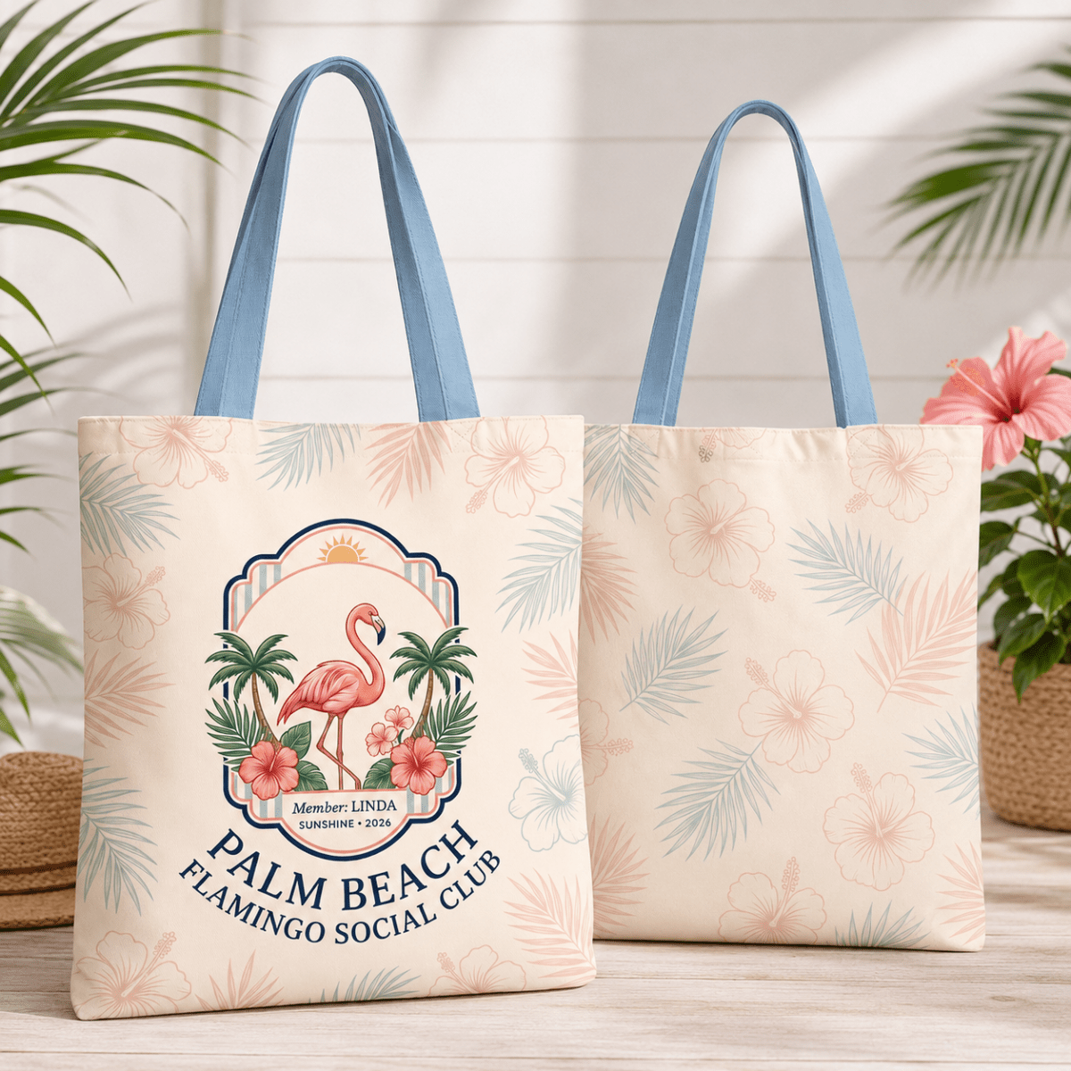 Personalized Palm Beach Flamingo Tote Bag | Custom Beach Bag | Tropical Canvas Tote - FlamingoAholic