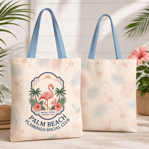Personalized Palm Beach Flamingo Tote Bag | Custom Beach Bag | Tropical Canvas Tote - FlamingoAholic
