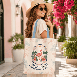 Personalized Palm Beach Flamingo Tote Bag | Custom Beach Bag | Tropical Canvas Tote - FlamingoAholic