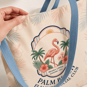 Personalized Palm Beach Flamingo Tote Bag | Custom Beach Bag | Tropical Canvas Tote - FlamingoAholic