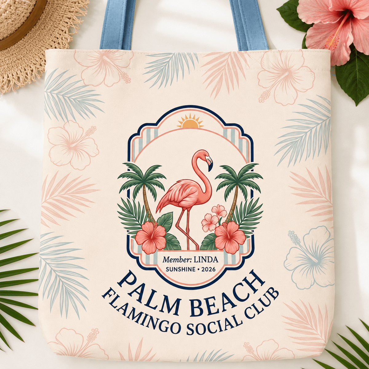 Personalized Palm Beach Flamingo Tote Bag | Custom Beach Bag | Tropical Canvas Tote - FlamingoAholic