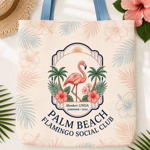 Personalized Palm Beach Flamingo Tote Bag | Custom Beach Bag | Tropical Canvas Tote - FlamingoAholic