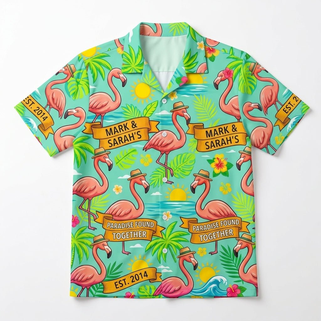 Personalized "Paradise Found Together" Couples Flamingo Hawaiian Shirt - FlamingoAholic