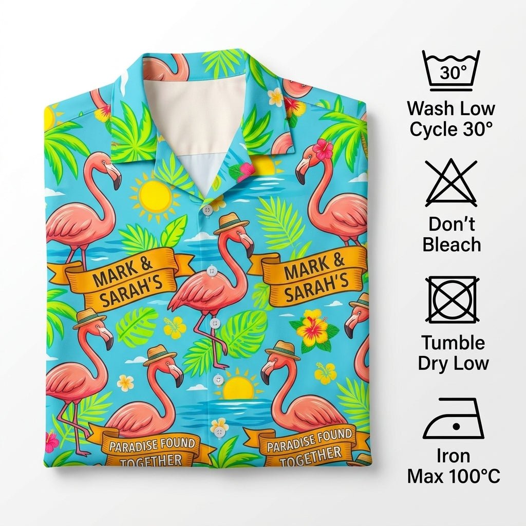 Personalized "Paradise Found Together" Couples Flamingo Hawaiian Shirt - FlamingoAholic