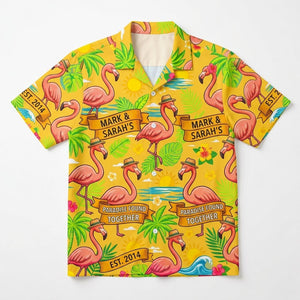 Personalized "Paradise Found Together" Couples Flamingo Hawaiian Shirt - FlamingoAholic
