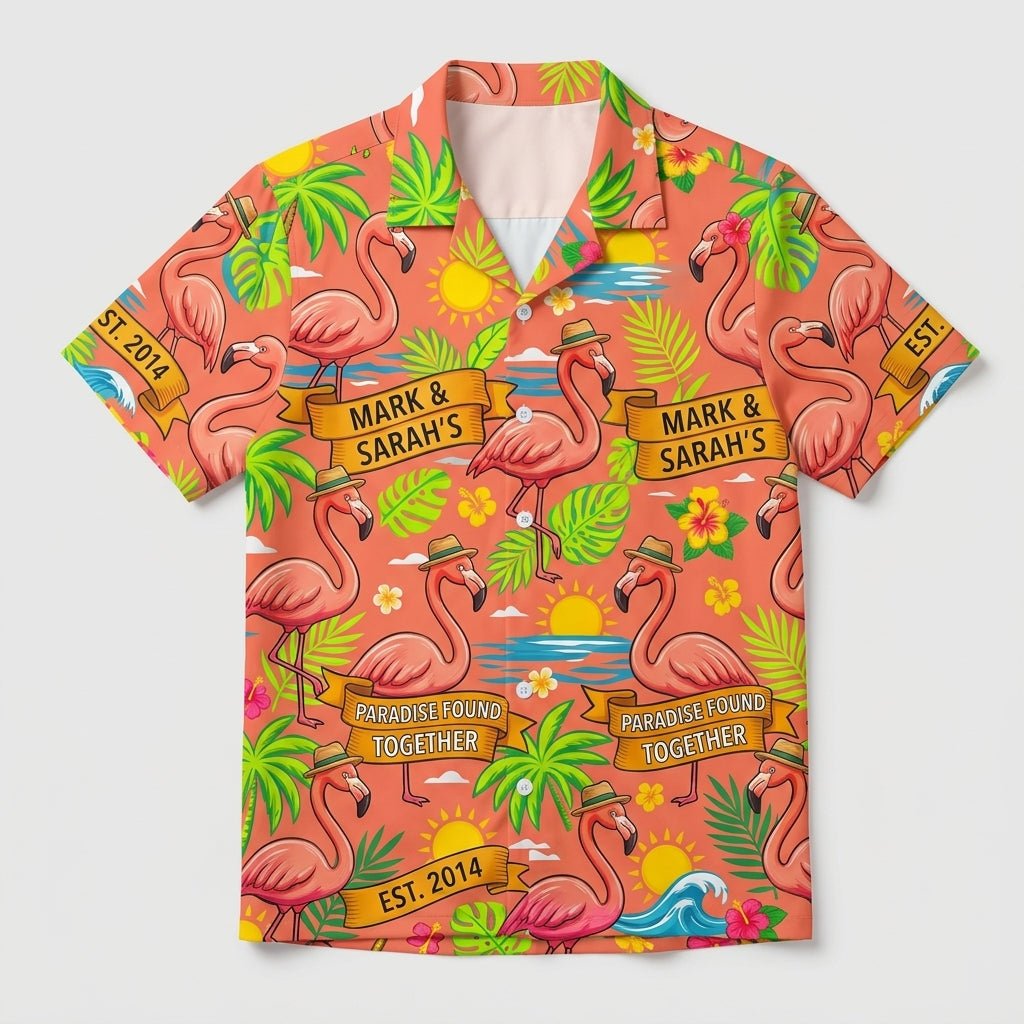 Personalized "Paradise Found Together" Couples Flamingo Hawaiian Shirt - FlamingoAholic