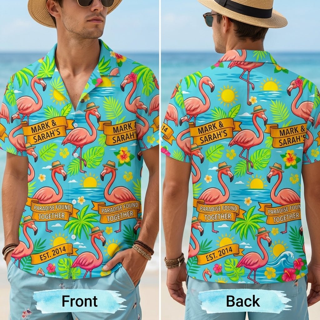 Personalized "Paradise Found Together" Couples Flamingo Hawaiian Shirt - FlamingoAholic