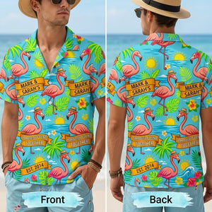 Personalized "Paradise Found Together" Couples Flamingo Hawaiian Shirt - FlamingoAholic