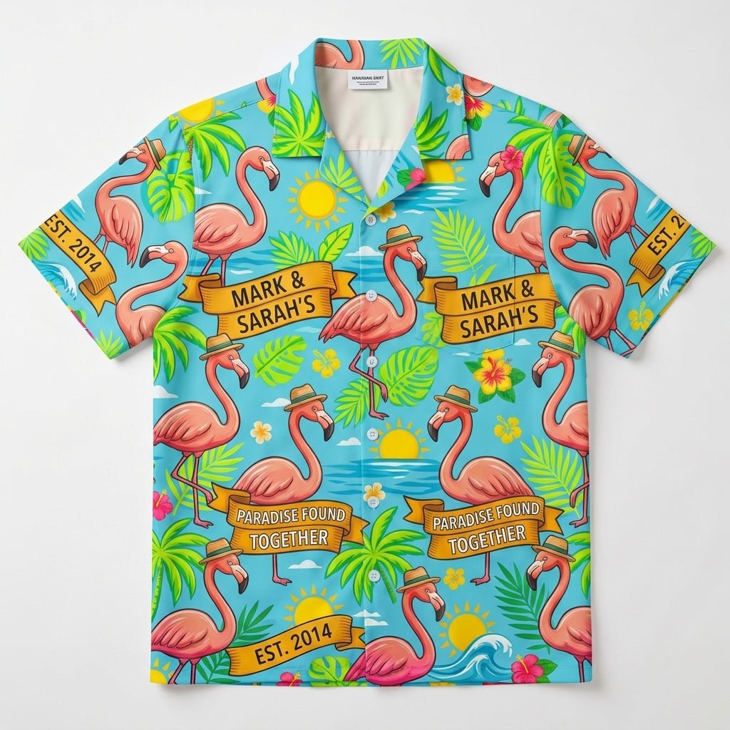 Personalized "Paradise Found Together" Couples Flamingo Hawaiian Shirt - FlamingoAholic