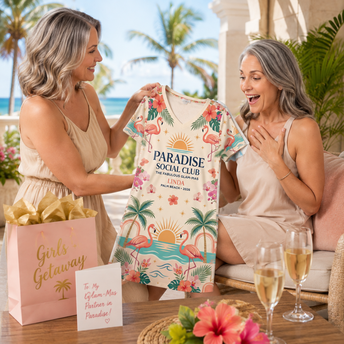 Personalized Paradise Social Club Women's V-Neck Dress | Palm Beach Flamingo Dress - FlamingoAholic
