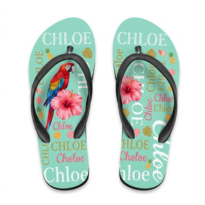 Personalized Parrot Turquoise Flip Flops - Custom Name Beach Summer Sandals Gift - FlamingoAholic
