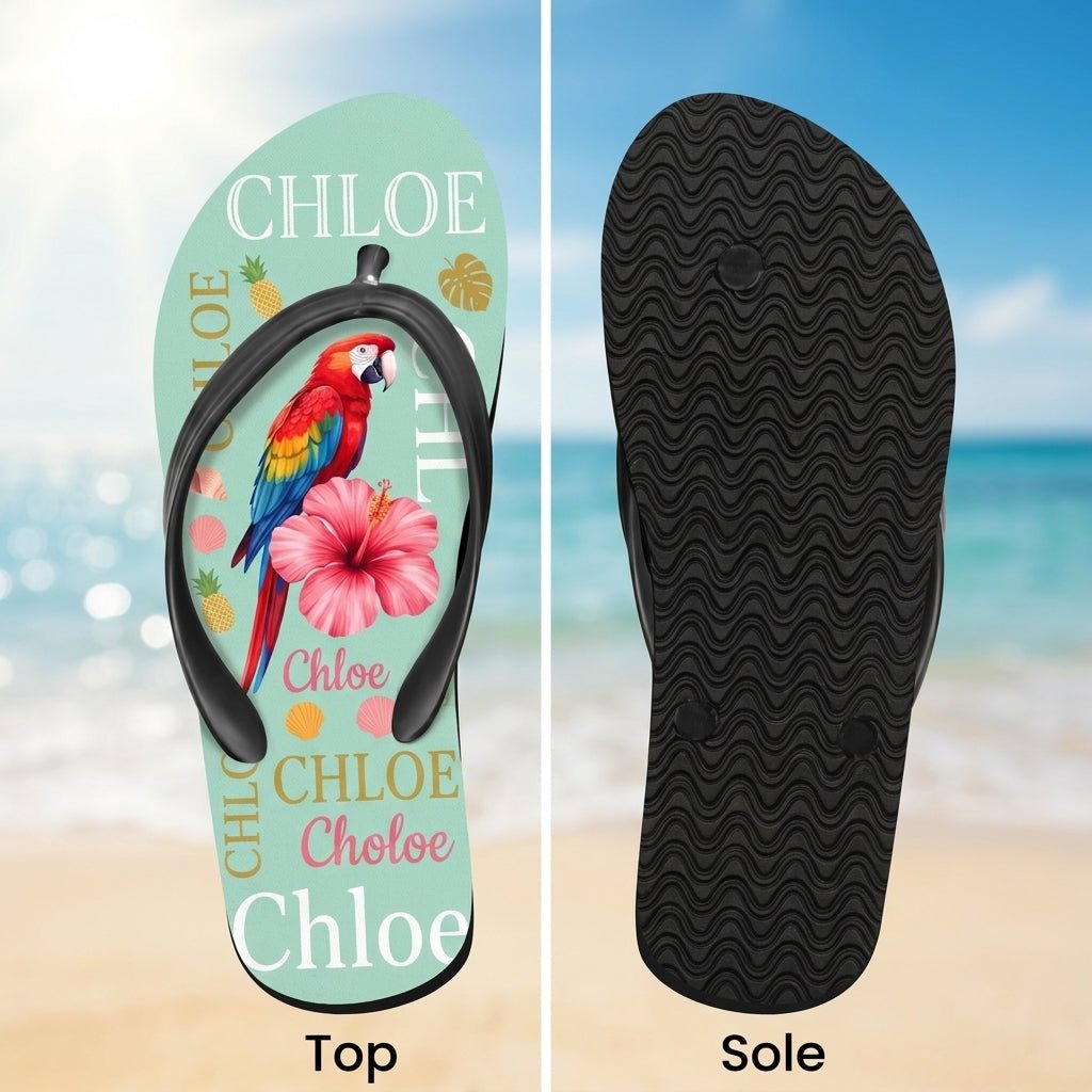 Personalized Parrot Turquoise Flip Flops - Custom Name Beach Summer Sandals Gift - FlamingoAholic