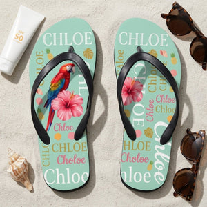 Personalized Parrot Turquoise Flip Flops - Custom Name Beach Summer Sandals Gift - FlamingoAholic