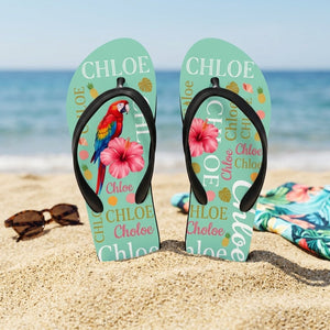 Personalized Parrot Turquoise Flip Flops - Custom Name Beach Summer Sandals Gift - FlamingoAholic