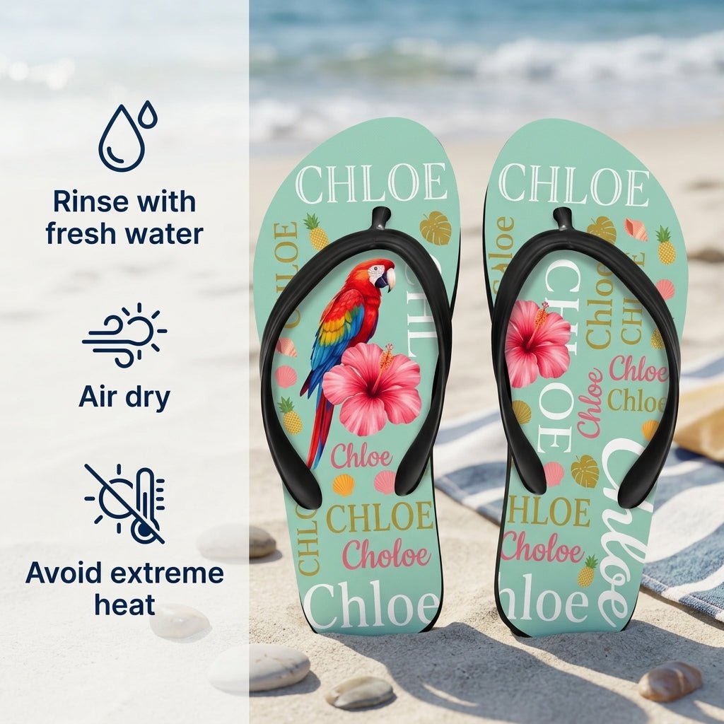 Personalized Parrot Turquoise Flip Flops - Custom Name Beach Summer Sandals Gift - FlamingoAholic
